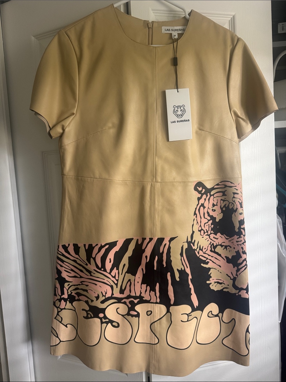 Las Sureñas TanLeather Mini Dress with Pink & Black Tiger Motif